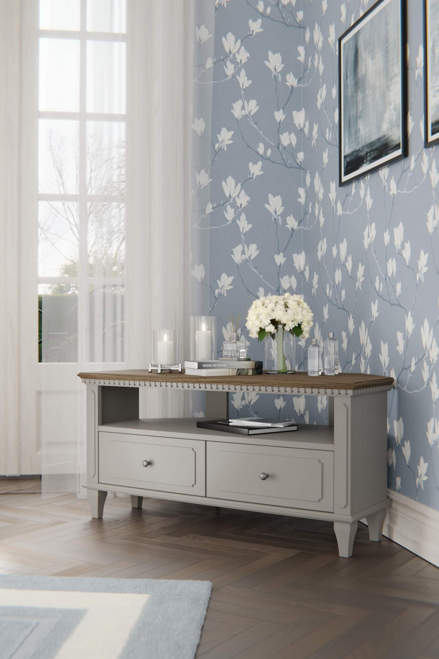 Hanover corner TV table with 2 drawers