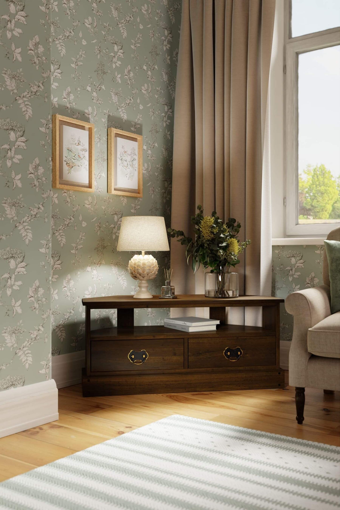 Garrat corner TV table with 2 drawers