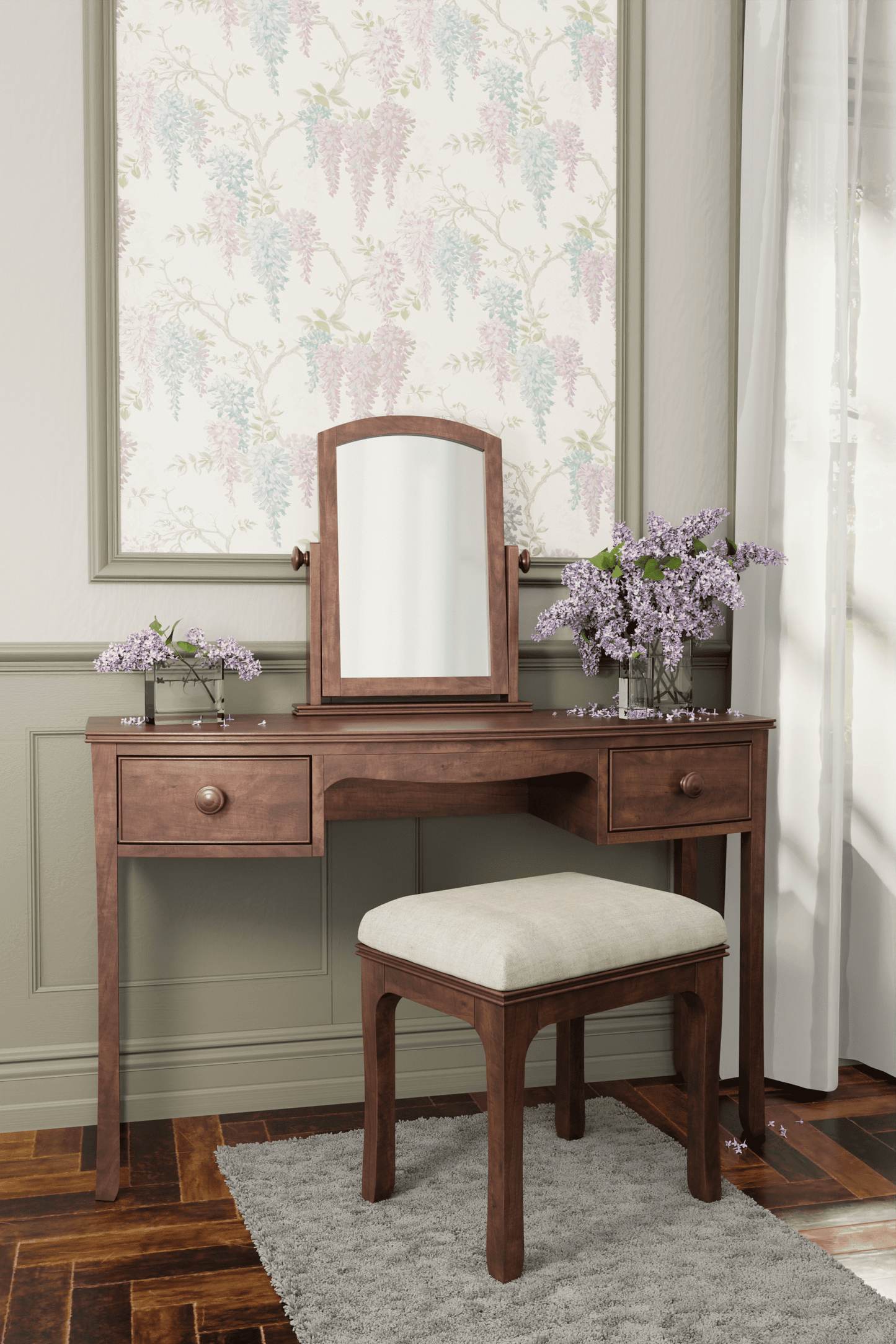 Broughton cosmetic table with 2 drawers, chair and mirror set
