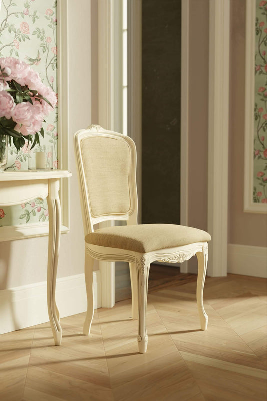 Pair of Provencale dining chairs with upholstered seat and backrest