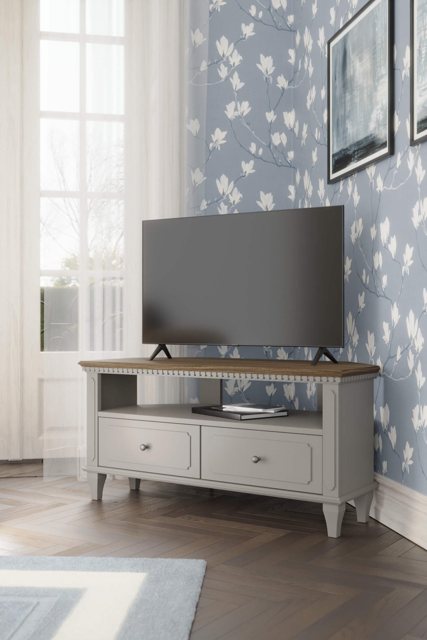 Hanover corner TV table with 2 drawers